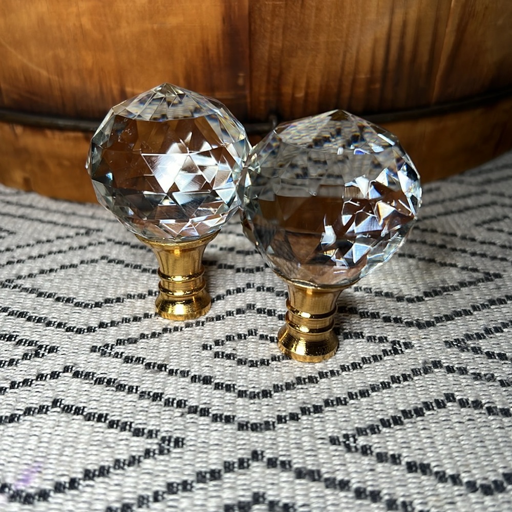 Crystal Lamp Shade Finial Faceted Gold Tone Set of 2